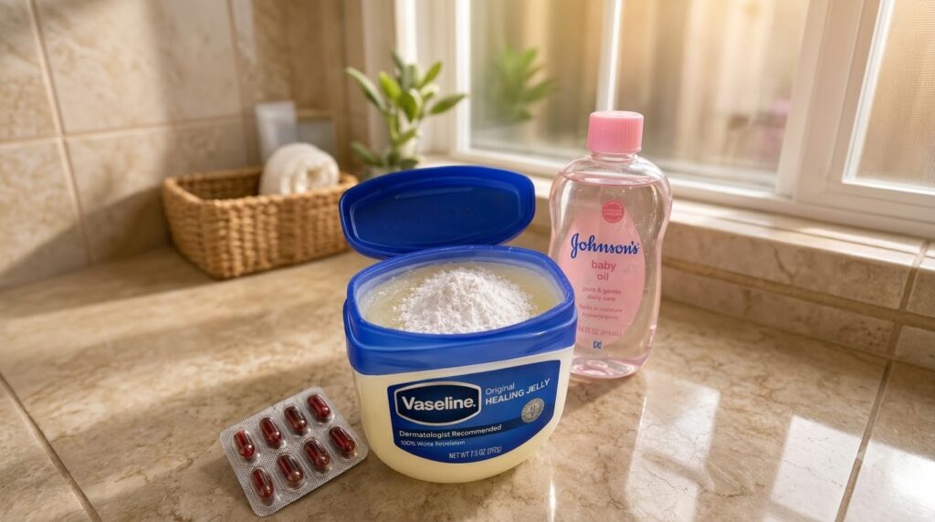 A container of Vaseline Healing Jelly with white powder on top next to an open blue lid a bottle of Johnson s baby oil a