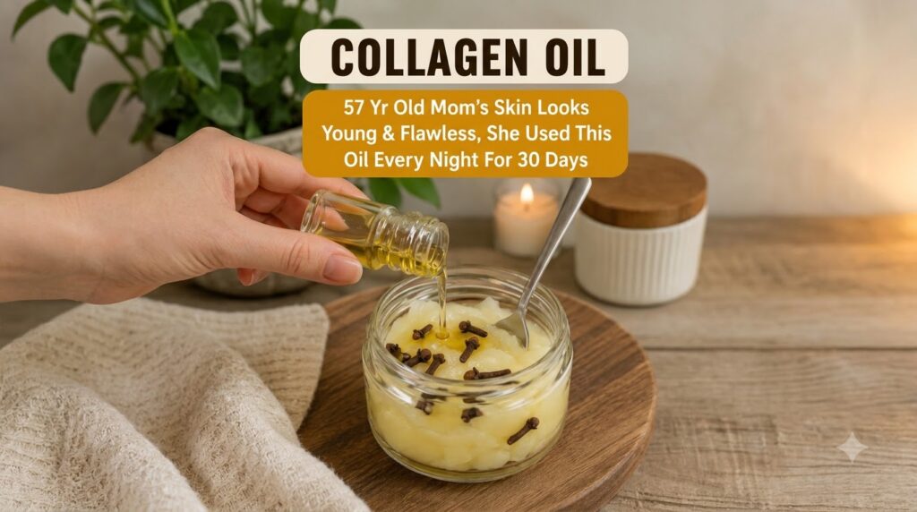 A hand pouring golden oil from a small bottle into a glass jar containing a creamy light yellow mixture with whole clove