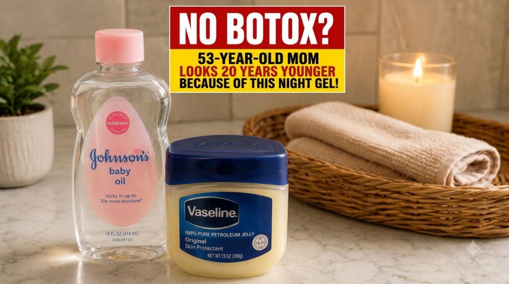 A bottle of Johnson s baby oil a jar of Vaseline Original Petroleum Jelly on a marble counter with a green plant rolled 