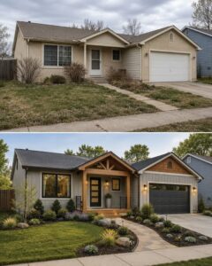 A split image showing a before and after of a ranch house The before is plain with minimal landscaping The after shows a