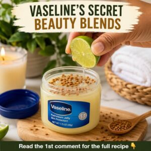 A small glass jar filled with a thick yellowish balm made from Vaseline lime and fenugreek ready for use on skin