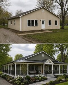 A charming country home with a newly added porch and beautifully layered garden beds The house is a transformed barn-sty