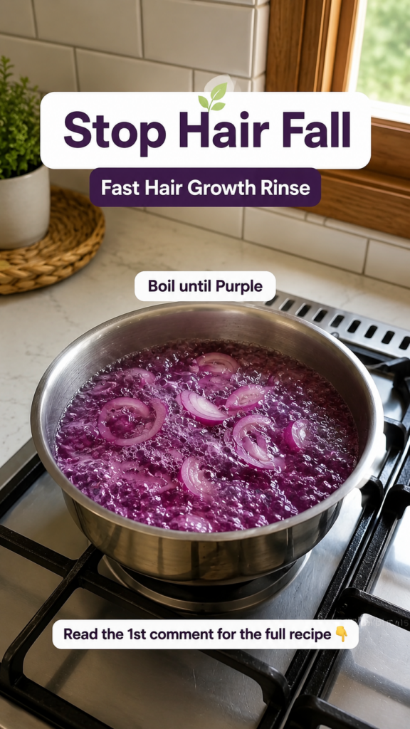 A stainless steel pot on a stove with red onions boiling in a purple liquid with a plant and window in the background