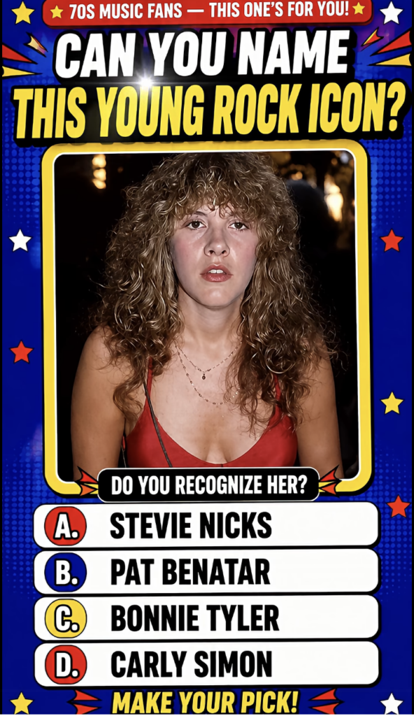 A retro-themed quiz image featuring a portrait of a young woman with curly blonde hair in a red top typical of a 70s roc