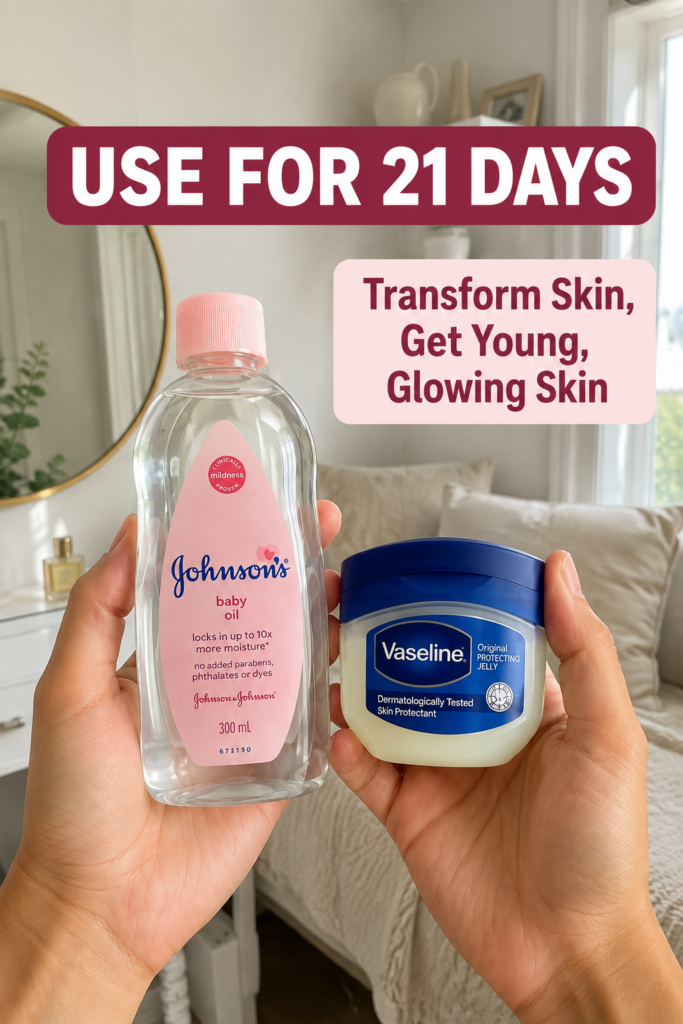 Two hands holding a bottle of Johnson s baby oil and a tub of Vaseline Original Protecting Jelly The background is softl