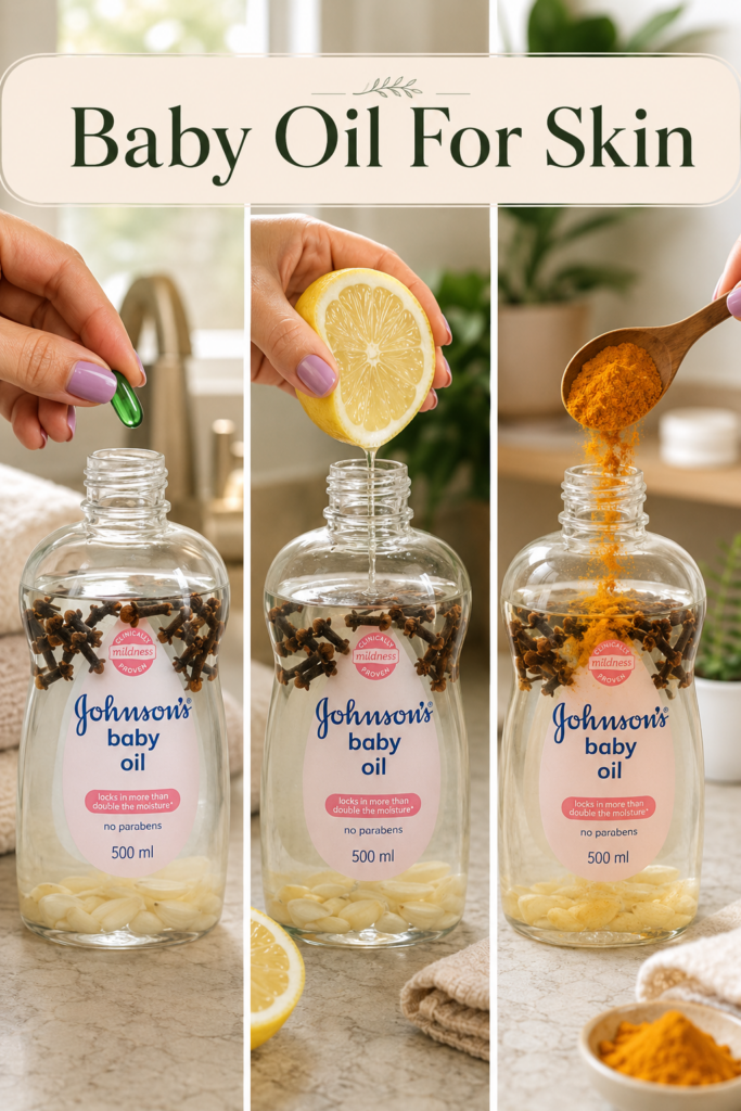 A hand adding green capsule squeezing lemon juice and sprinkling turmeric powder into a baby oil bottle which already co