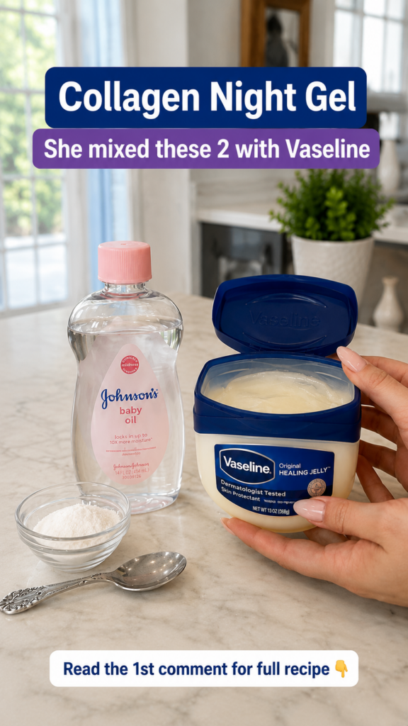 A DIY beauty setup on a countertop showcasing a bottle of Johnson s Baby Oil a small bowl of white collagen powder a spo