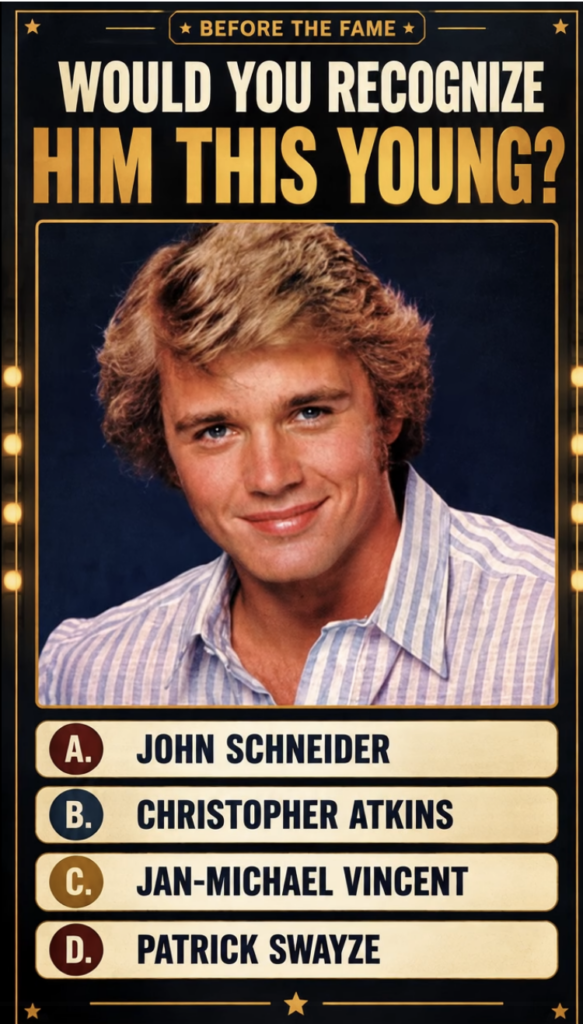 A vintage-style quiz graphic featuring a young Christopher Atkins with wavy blonde hair smiling The title reads BEFORE T
