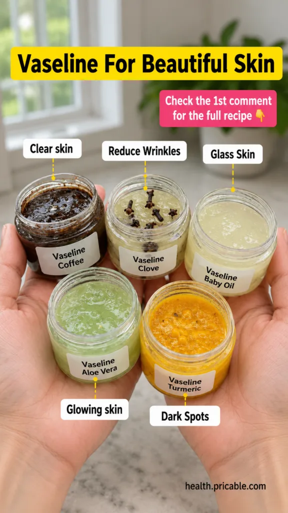 A top-down shot of hands holding five small open jars of homemade skincare mixtures each labeled with Vaseline and an in