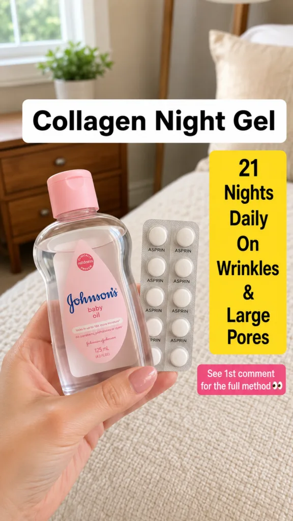 A hand holding a bottle of Johnson s baby oil and a blister pack of aspirin pills against a soft-focus bedroom backgroun