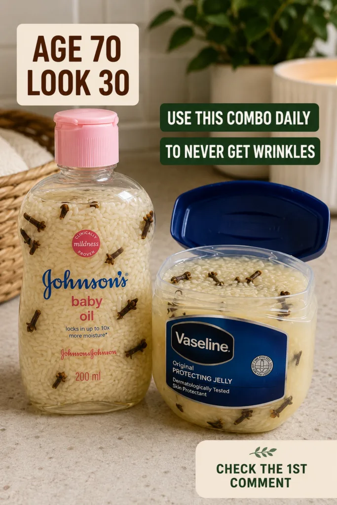 A bottle of Johnson s baby oil and an open jar of Vaseline Original Protecting Jelly both filled with rice grains and cl