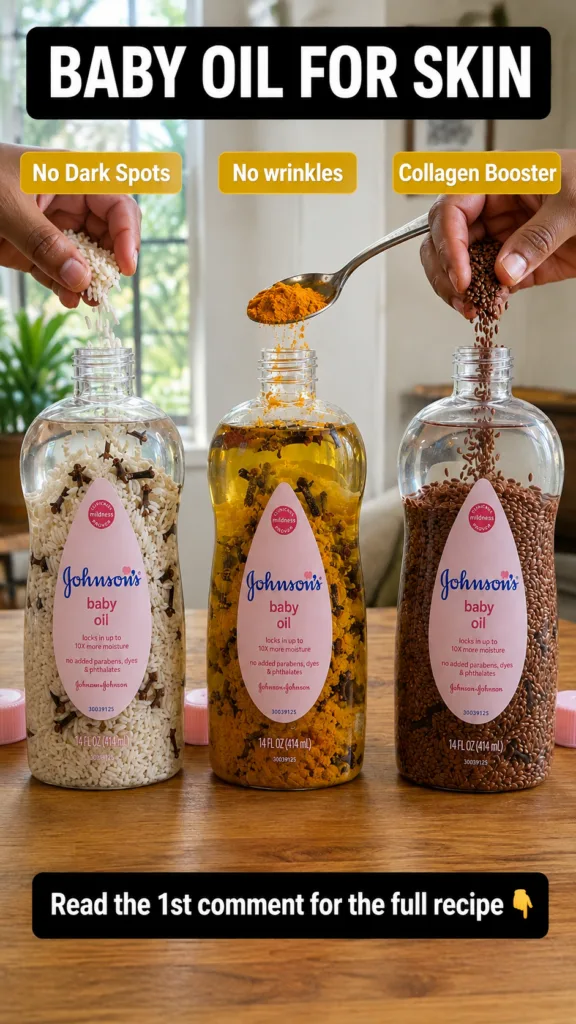Three Johnson s baby oil bottles infused with natural ingredients like rice and cloves turmeric powder and cloves and fl