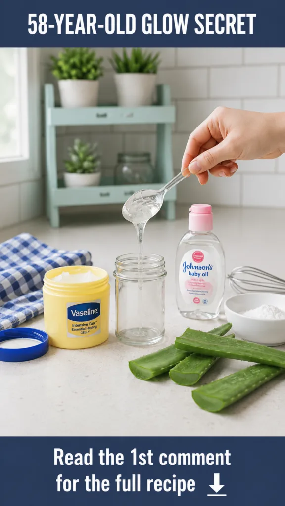 A close-up shot on a kitchen counter showing a hand pouring a clear gel from a spoon into a small glass jar Surrounding 