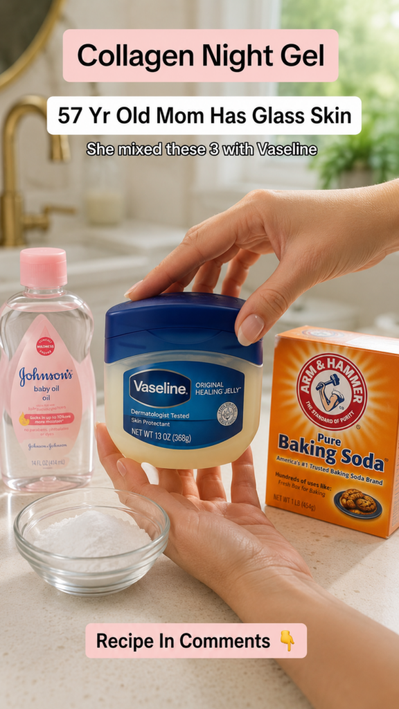 A pair of hands presenting a jar of Vaseline flanked by a bottle of Johnson s baby oil and a box of Arm Hammer Baking So