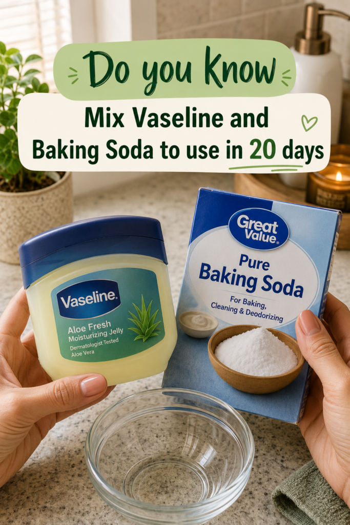 Hands holding a jar of Vaseline and a box of baking soda over a clear glass bowl on a speckled countertop with a softly 