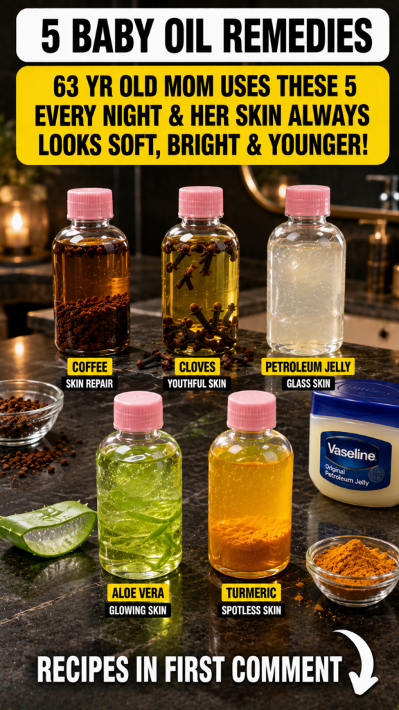 Five small bottles containing baby oil infusions with coffee cloves petroleum jelly aloe vera and turmeric Bowls of raw 