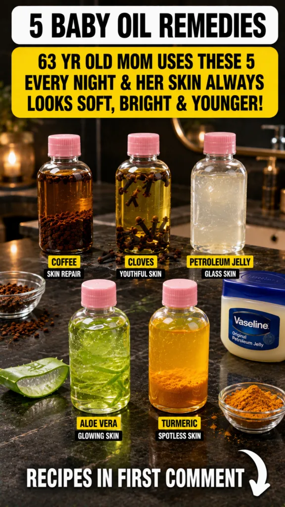 Five small bottles containing baby oil infusions with coffee cloves petroleum jelly aloe vera and turmeric Bowls of raw 