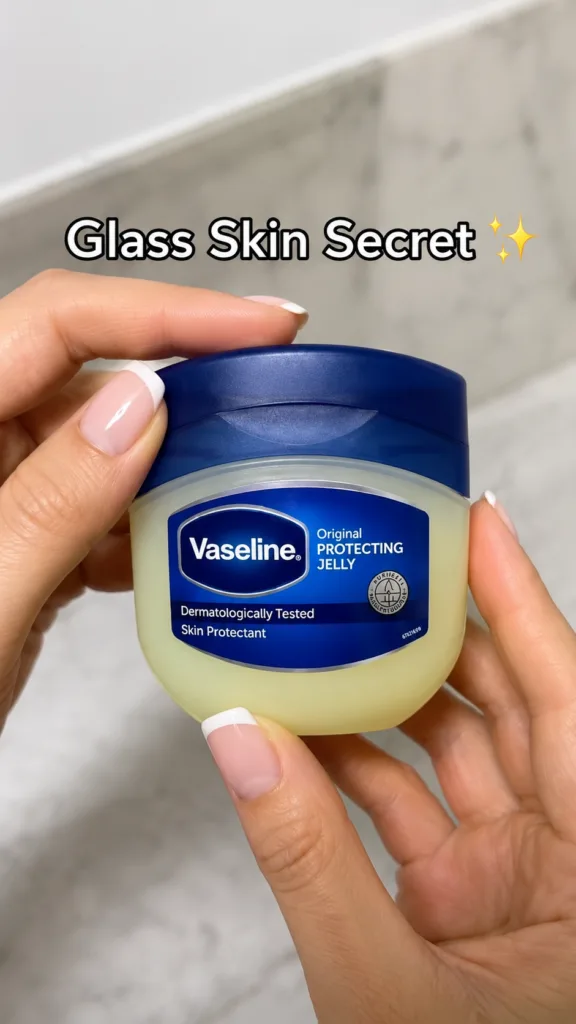 A pair of hands with elegant French manicured nails holding a small iconic blue jar of Vaseline Original Protecting Jell