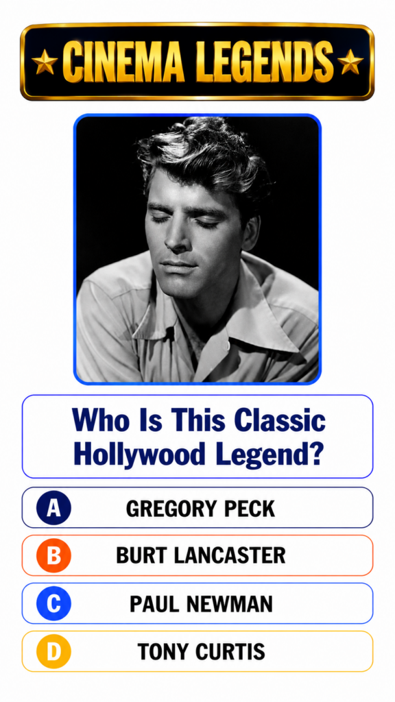 A black and white portrait of a classic Hollywood actor Burt Lancaster with his eyes closed in a quiz interface