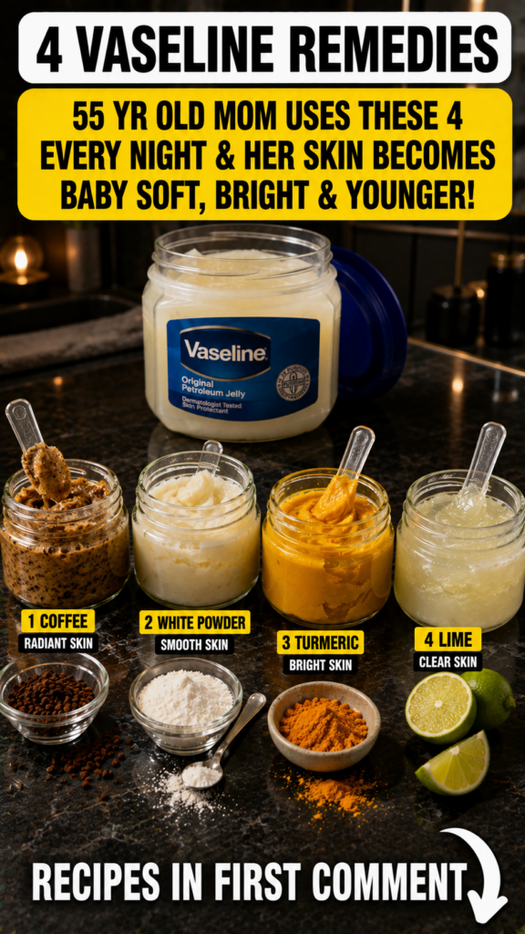 A large jar of Vaseline surrounded by four small jars each containing a Vaseline-based remedy mixed with coffee white po