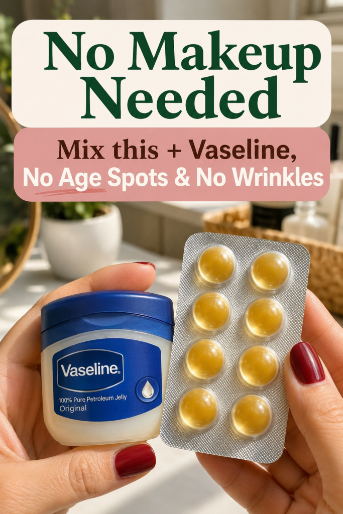 Two hands holding a small jar of Vaseline and a blister pack of yellow Vitamin E gel capsules in a bathroom setting
