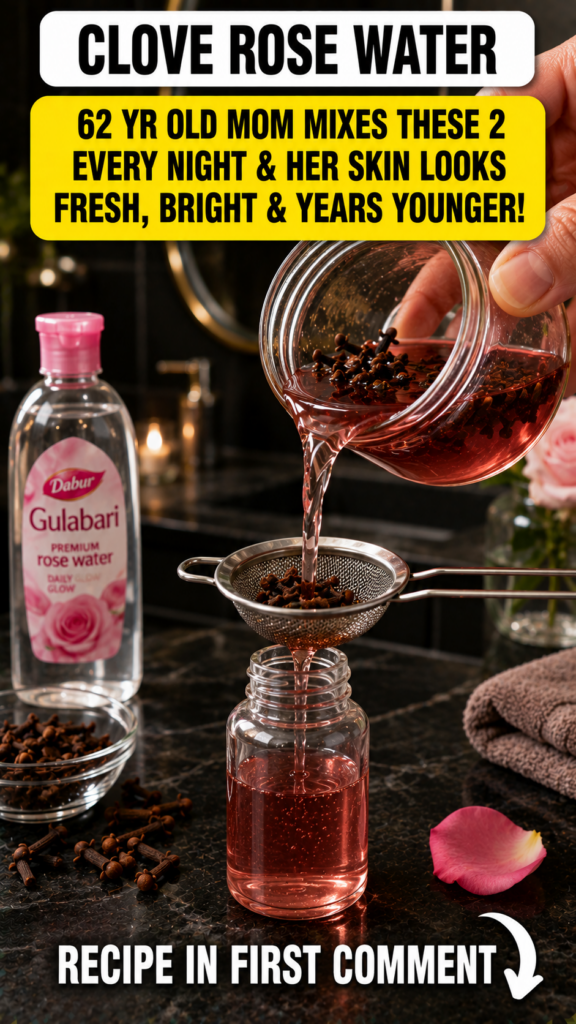 A hand pouring pink-hued liquid infused with cloves through a fine-mesh sieve into a small clear bottle with rose water