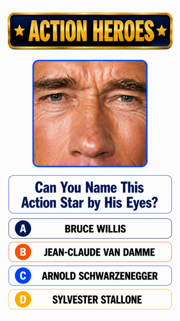 Close-up of an action star s eyes and upper nose as featured in the quiz with a blue and gold ACTION HEROES banner above