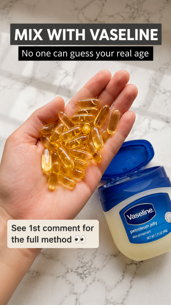 A hand holding golden Vitamin E capsules next to an open jar of Vaseline Petroleum Jelly on a light marble background sh
