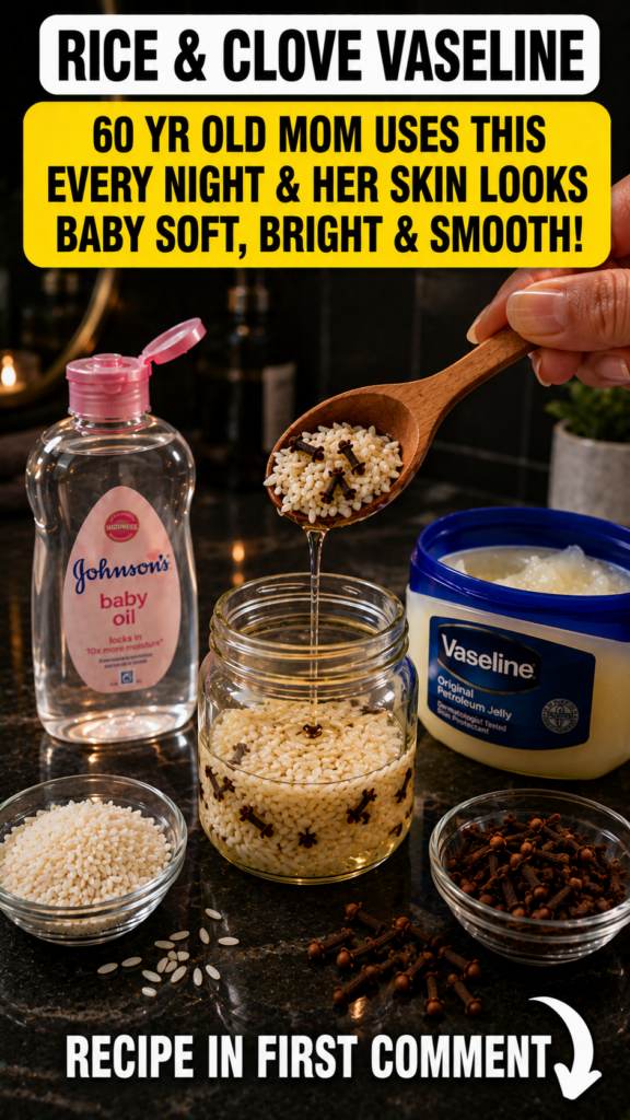 A still life image showing the ingredients for a homemade skincare remedy a jar of Johnson s baby oil a tub of Vaseline 