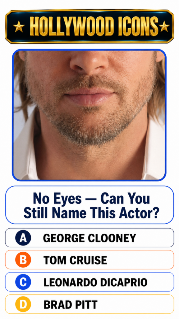 A quiz interface titled HOLLYWOOD ICONS with a close-up cropped portrait of a male actor s face specifically showing his