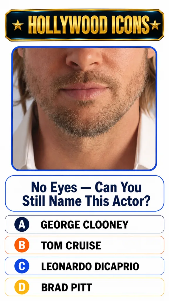 A quiz interface titled HOLLYWOOD ICONS with a close-up cropped portrait of a male actor s face specifically showing his