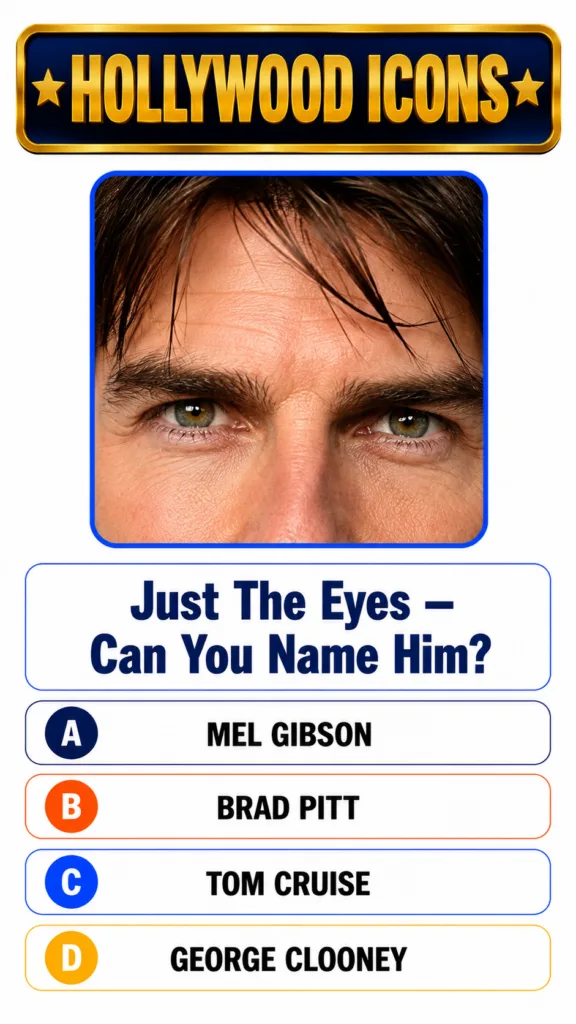 A close-up crop of a man s eyes and forehead from a Hollywood Icons trivia game interface with quiz options below