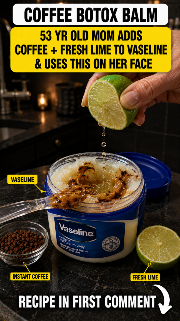 A hand squeezing a lime into a jar containing Vaseline and instant coffee granules illustrating the preparation of the D