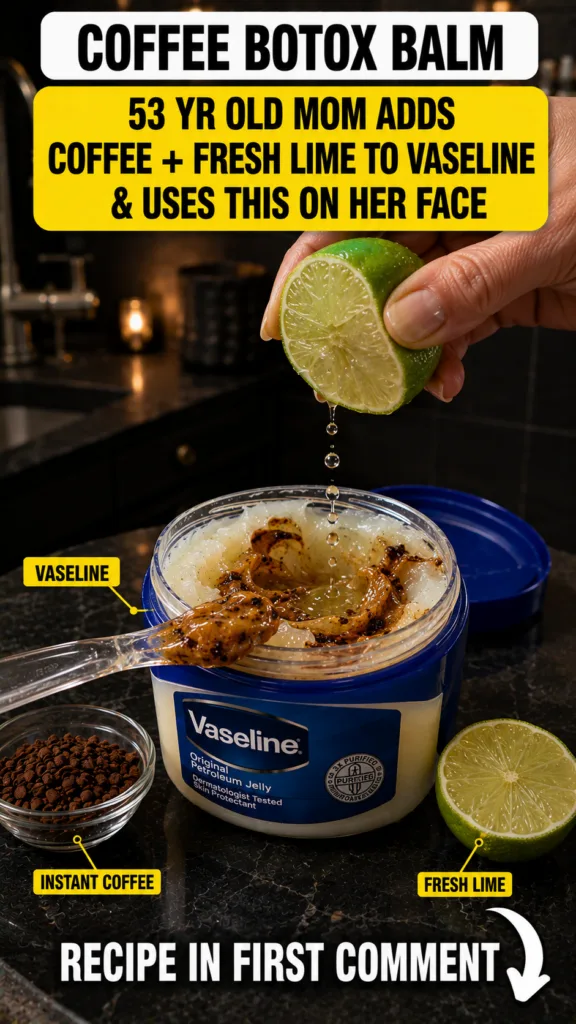 A hand squeezing a lime into a jar containing Vaseline and instant coffee granules illustrating the preparation of the D