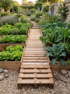 A beautiful garden path made from wooden pallets winding through a lush backyard garden with raised beds