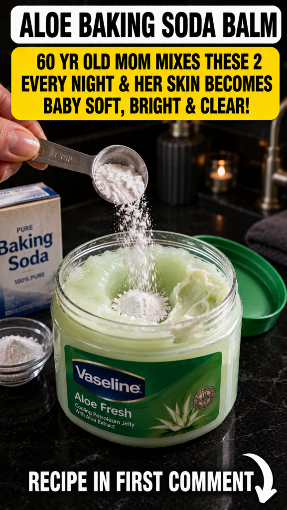 A hand pouring white baking soda powder from a measuring spoon into a jar of green Vaseline Aloe Fresh petroleum jelly o