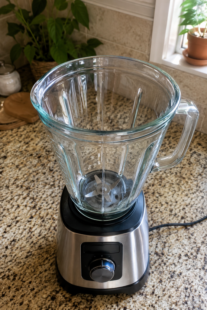 An empty sparkling clean glass blender jar on a stainless steel base sitting on a speckled granite kitchen counter Natur
