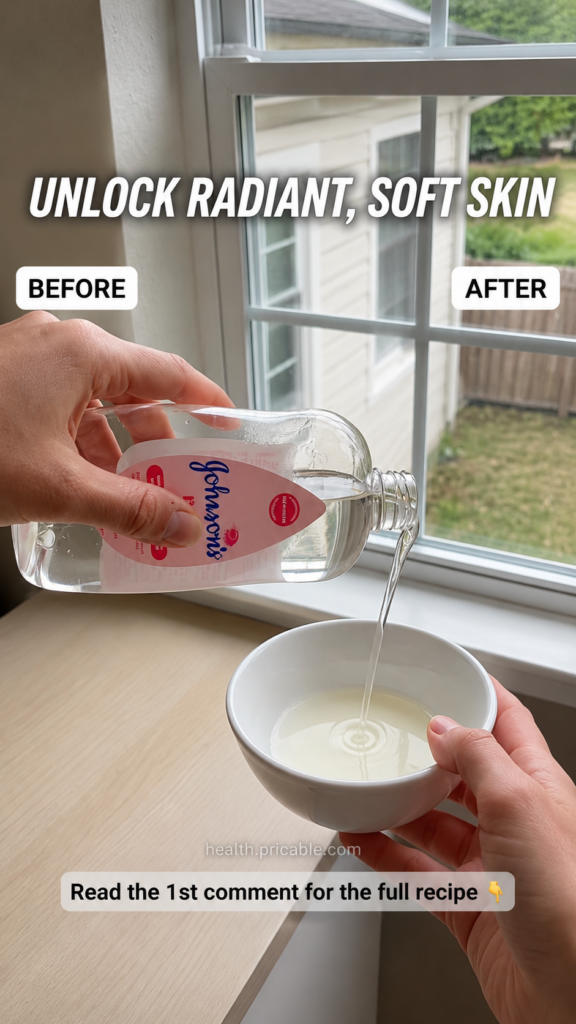 Hands pouring a clear liquid like baby oil from a bottle into a white ceramic bowl The scene is bright and shows a subtl