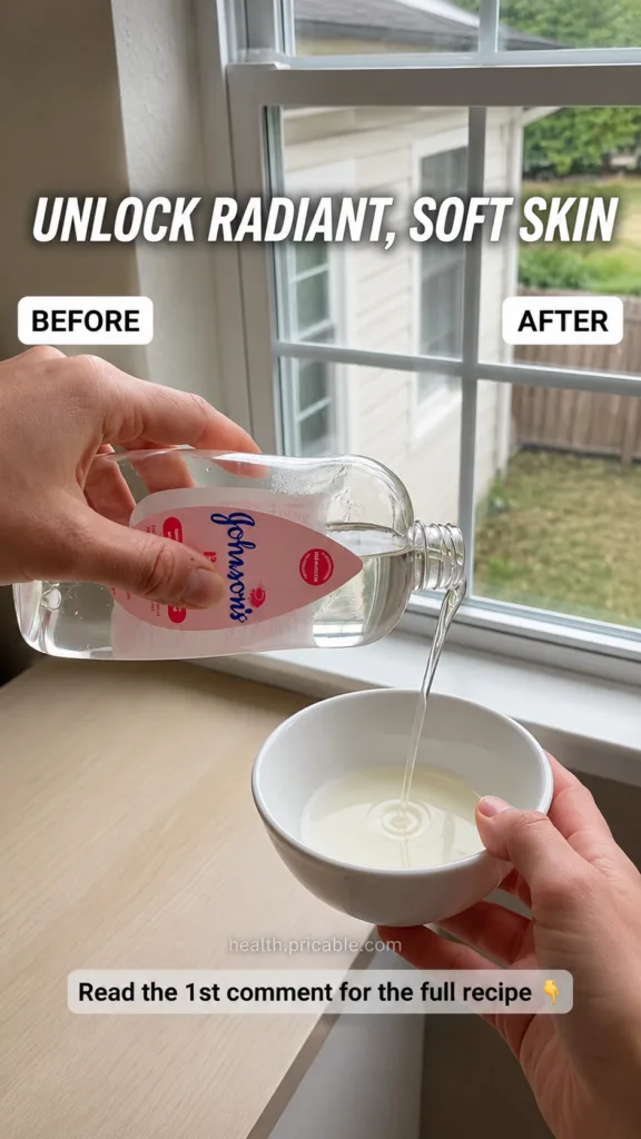 Hands pouring a clear liquid like baby oil from a bottle into a white ceramic bowl The scene is bright and shows a subtl