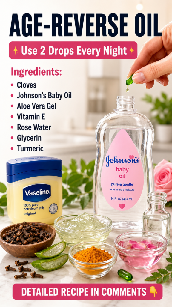 Ingredients for an Age-Reverse Oil laid out on a white marble surface including Johnson s Baby Oil Vaseline cloves aloe 