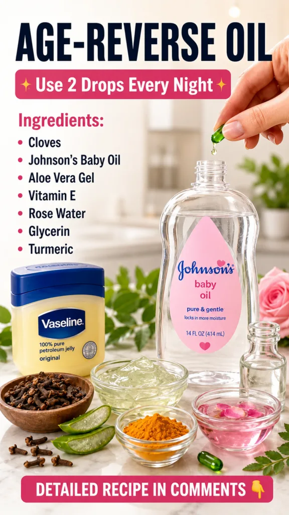 Ingredients for an Age-Reverse Oil laid out on a white marble surface including Johnson s Baby Oil Vaseline cloves aloe 