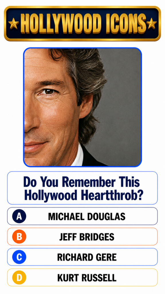 A quiz graphic featuring a close-up of Richard Gere s face with a question asking to identify the Hollywood heartthrob