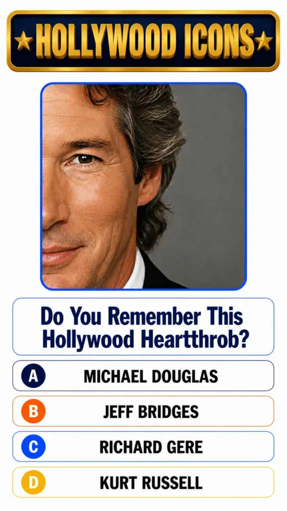 A quiz graphic featuring a close-up of Richard Gere s face with a question asking to identify the Hollywood heartthrob