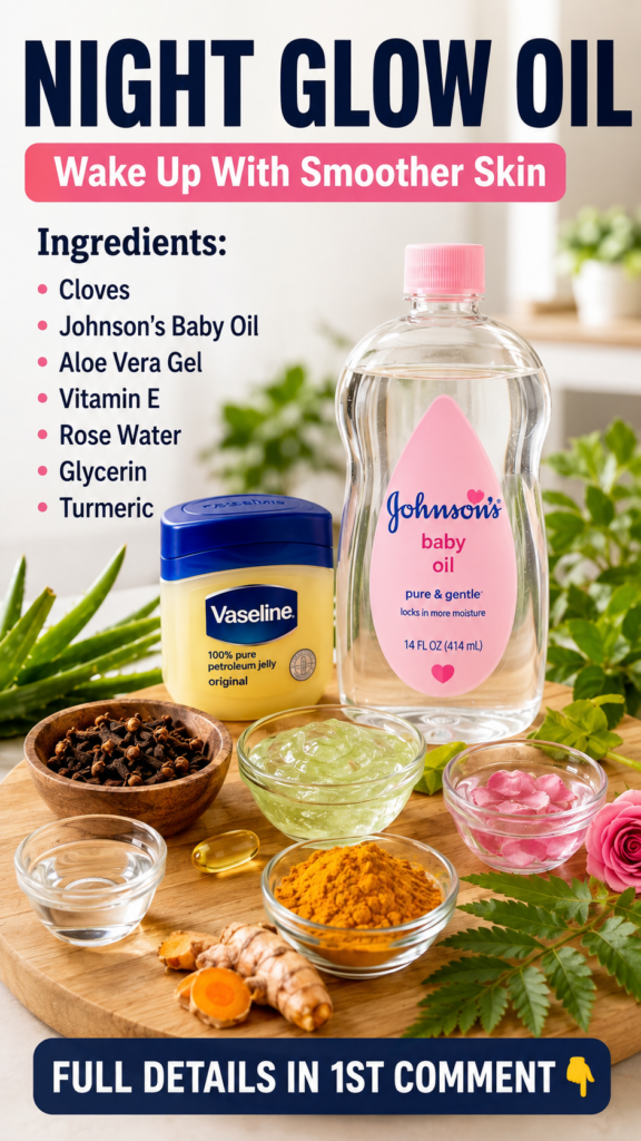 A flat lay showing ingredients and products for a Night Glow Oil recipe Prominent items include a large bottle of Johnso