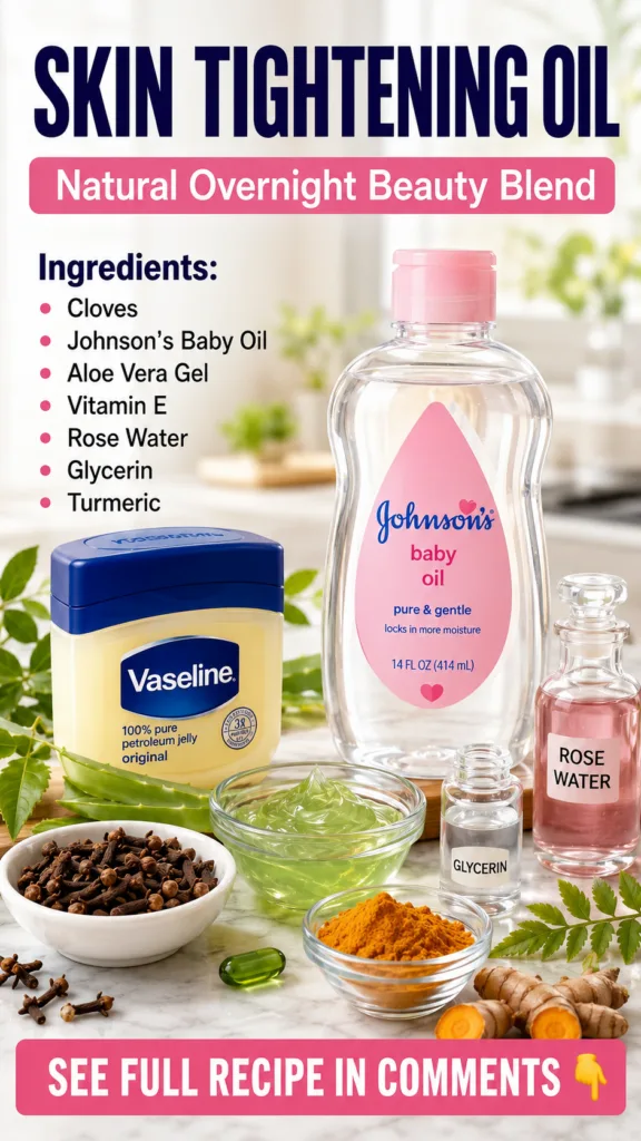 A flat lay of natural ingredients and beauty products including Johnson s Baby Oil Vaseline cloves aloe vera gel turmeri
