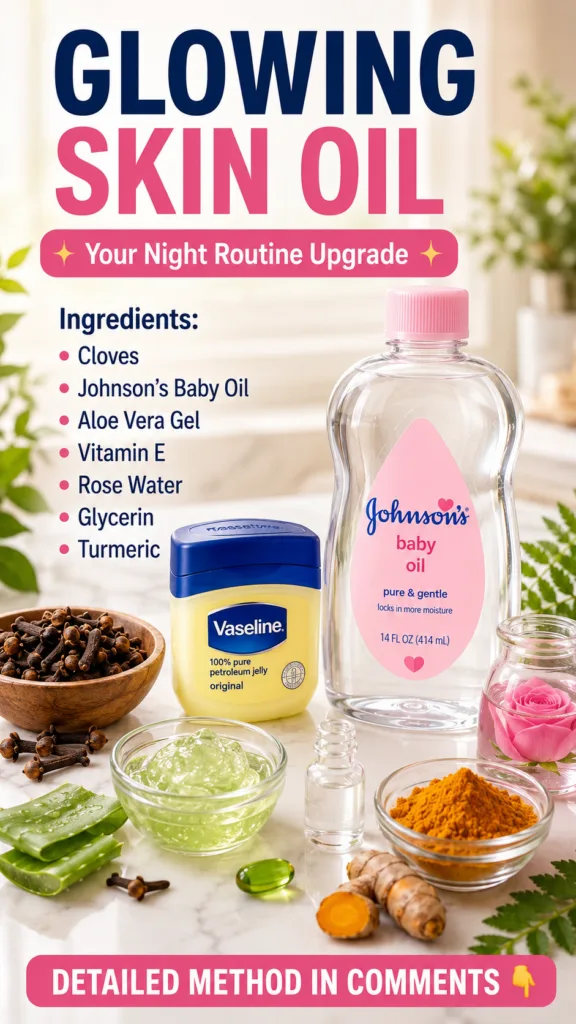 Various natural ingredients and household products like aloe vera turmeric rose water baby oil vaseline cloves and a vit
