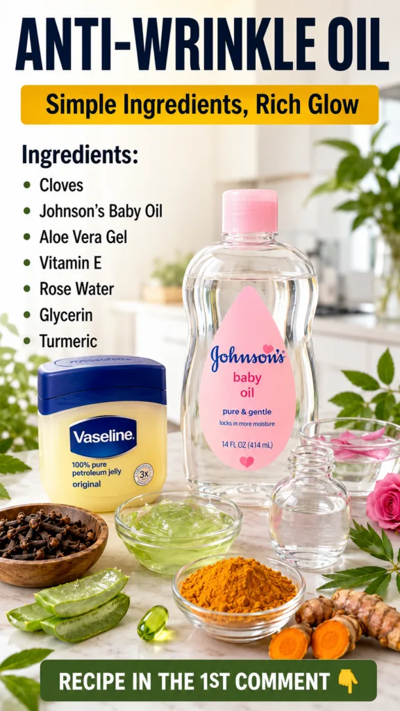 A flat lay of natural ingredients and household products for making an anti-wrinkle oil including Johnson s Baby Oil Vas