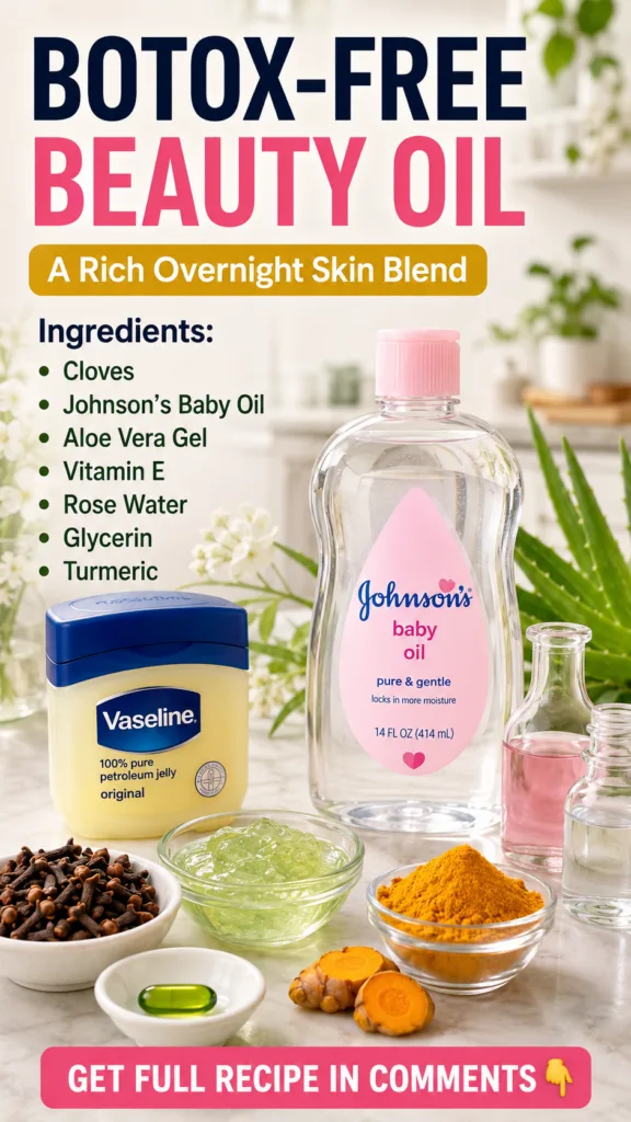 Various natural ingredients including Johnson s Baby Oil Vaseline cloves aloe vera gel vitamin E capsule turmeric powder