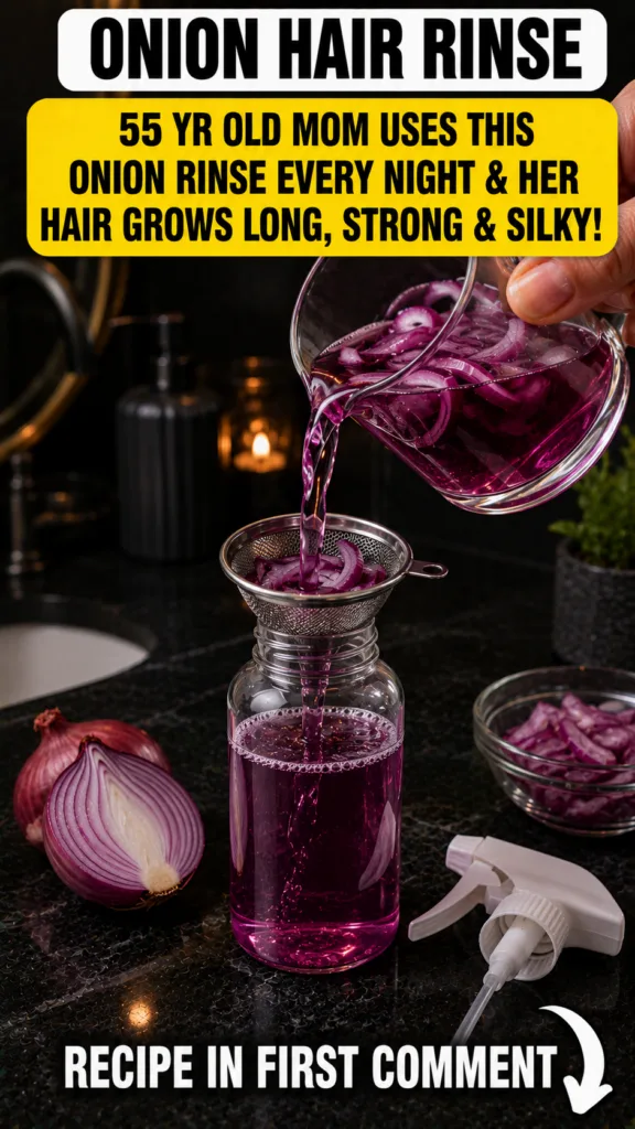 A hand pouring a vibrant purple Onion Hair Rinse from a glass pitcher through a fine-mesh sieve into a clear bottle on a