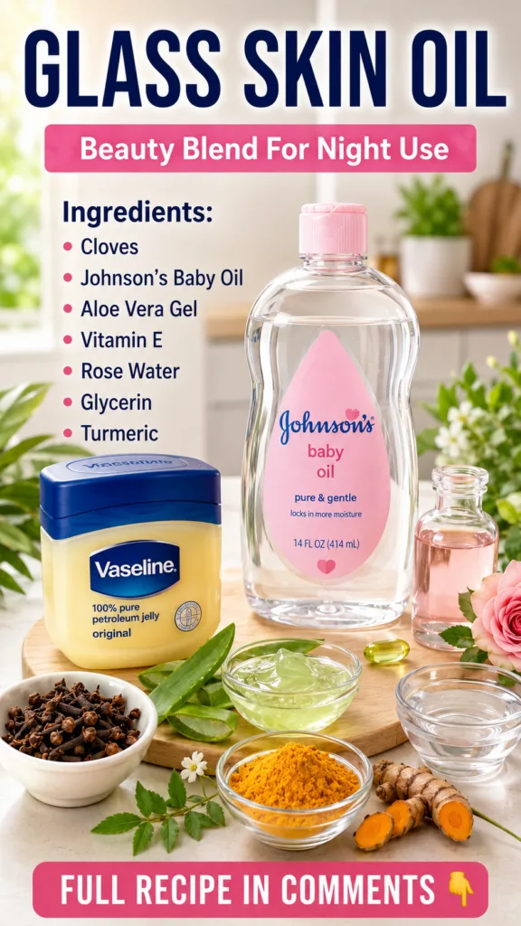 A flat lay of various skincare ingredients Johnson s Baby Oil Vaseline cloves turmeric powder a fresh aloe vera leaf and